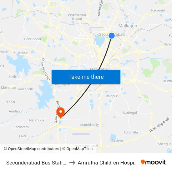 Secunderabad Bus Station to Amrutha Children Hospital map