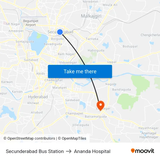 Secunderabad Bus Station to Ananda Hospital map