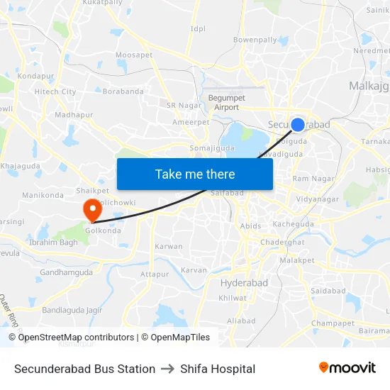 Secunderabad Bus Station to Shifa Hospital map