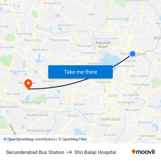 Secunderabad Bus Station to Shri Balaji Hospital map