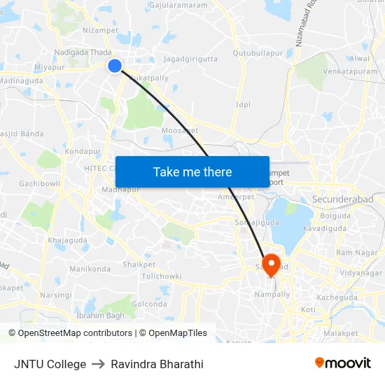 JNTU College to Ravindra Bharathi map