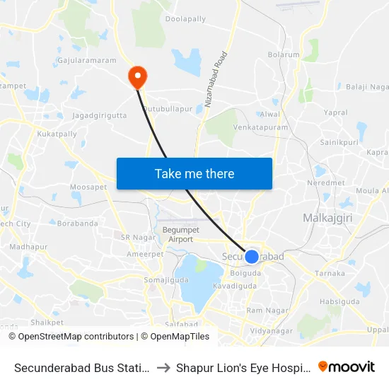 Secunderabad Bus Station to Shapur Lion's Eye Hospital map