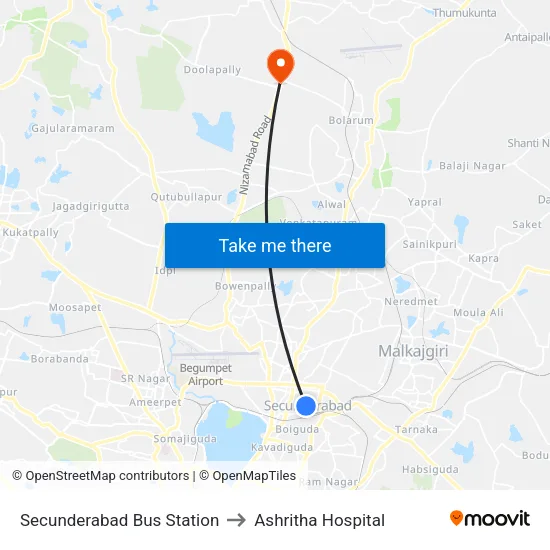 Secunderabad Bus Station to Ashritha Hospital map