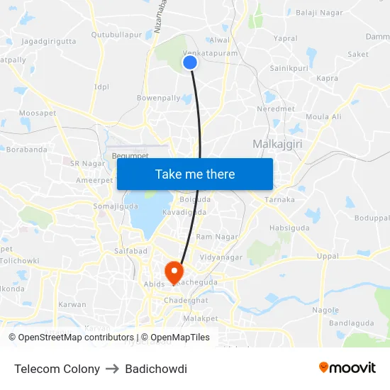 Telecom Colony to Badichowdi map