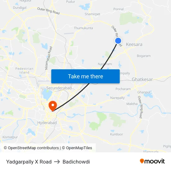 Yadgarpally X Road to Badichowdi map