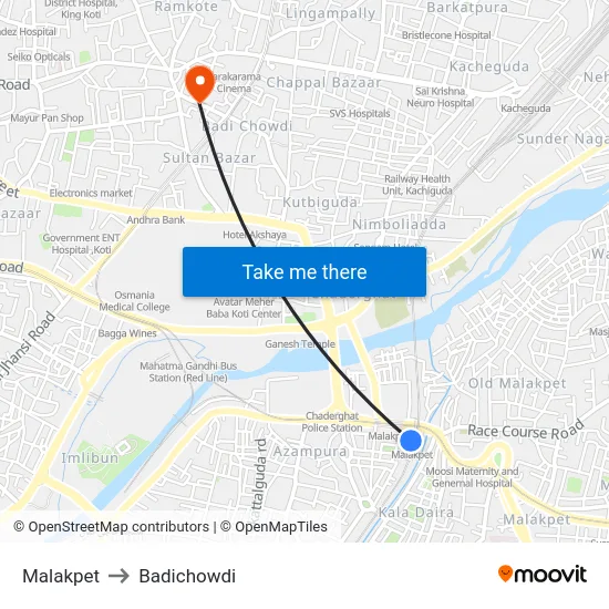 Malakpet to Badichowdi map