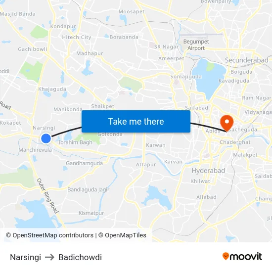 Narsingi to Badichowdi map