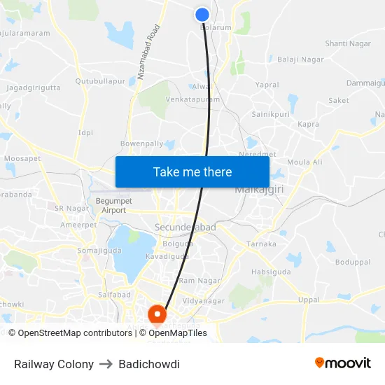 Railway Colony to Badichowdi map