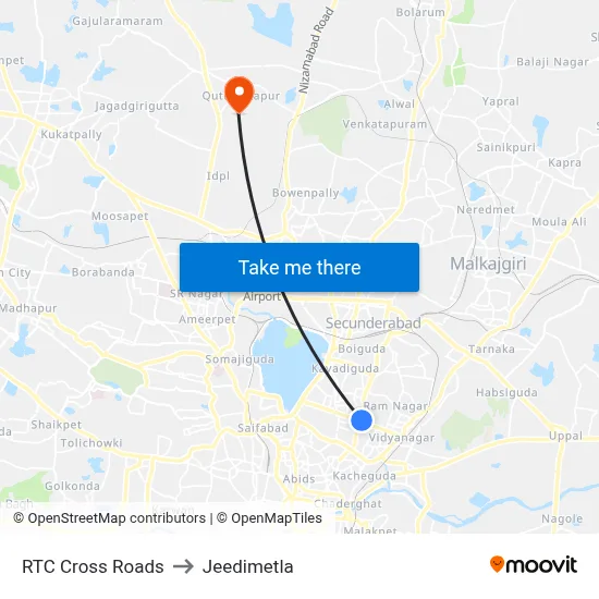 RTC Cross Roads to Jeedimetla map