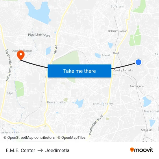 E.M.E. Center to Jeedimetla map