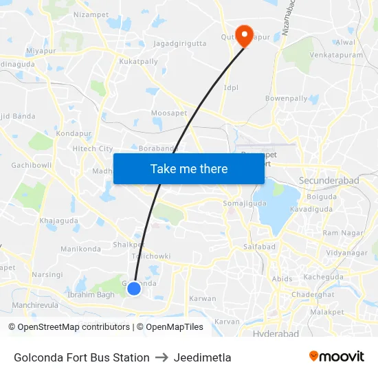 Golconda Fort Bus Station to Jeedimetla map