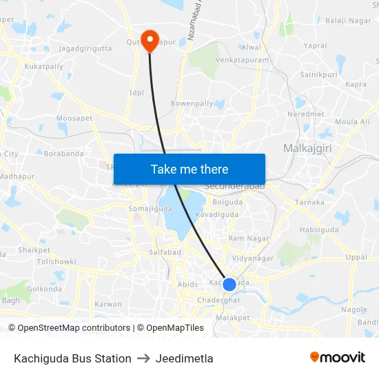 Kachiguda Bus Station to Jeedimetla map