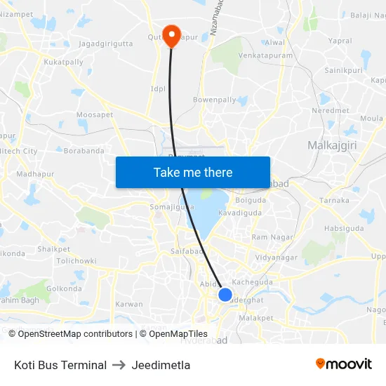 Koti Bus Terminal to Jeedimetla map