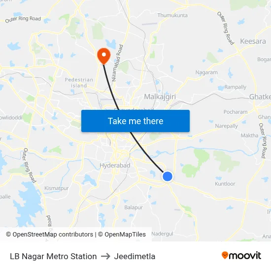 LB Nagar Metro Station to Jeedimetla map