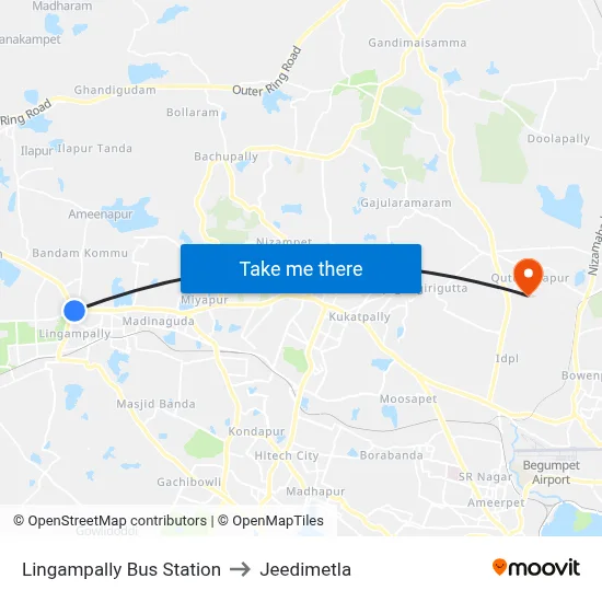Lingampally Bus Station to Jeedimetla map