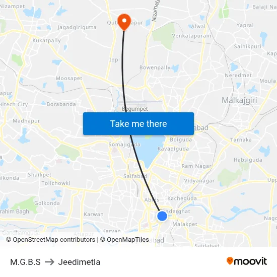 M.G.B.S to Jeedimetla map