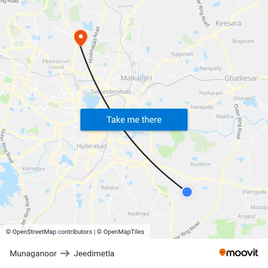 Munaganoor to Jeedimetla map