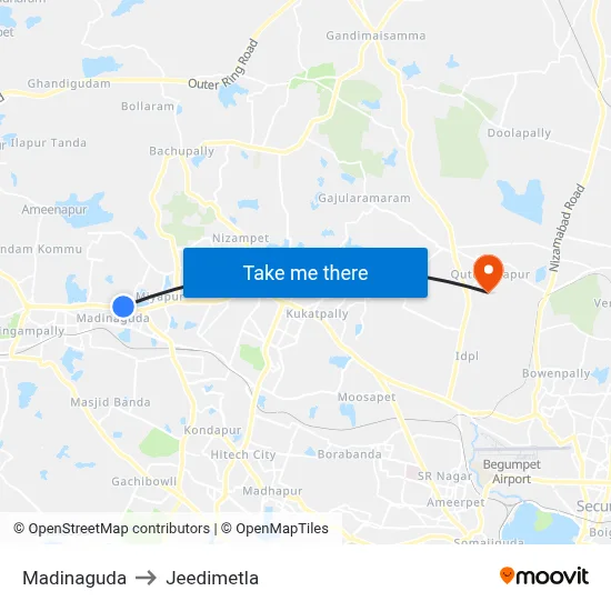 Madinaguda to Jeedimetla map