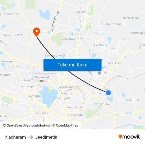 Nacharam to Jeedimetla map