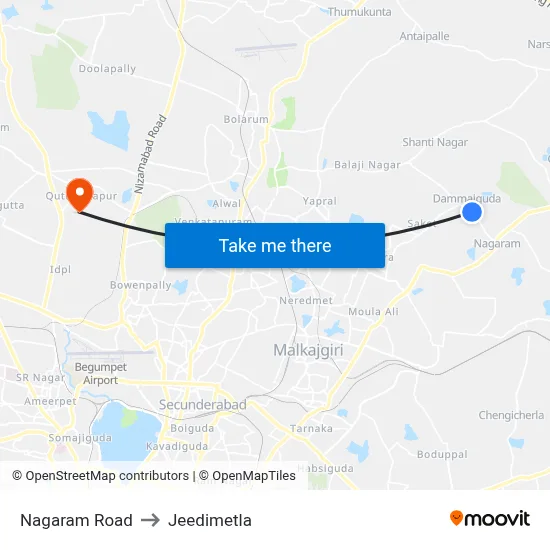 Nagaram Road to Jeedimetla map