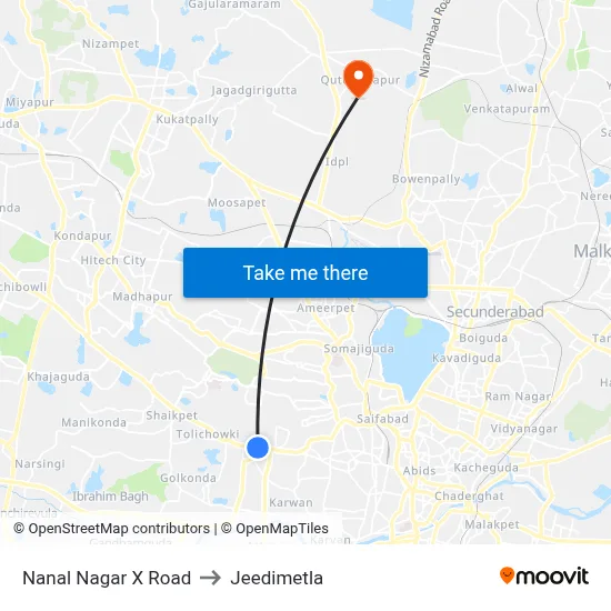 Nanal Nagar X Road to Jeedimetla map
