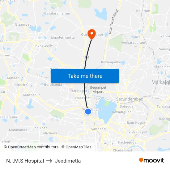 N.I.M.S Hospital to Jeedimetla map