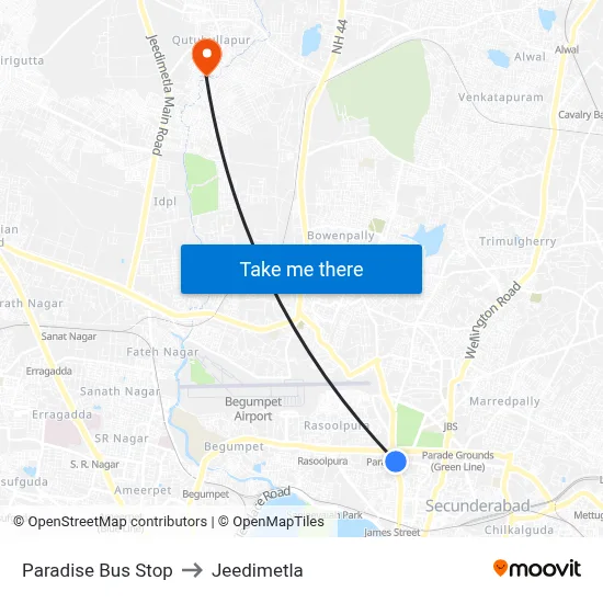 Paradise Bus Stop to Jeedimetla map
