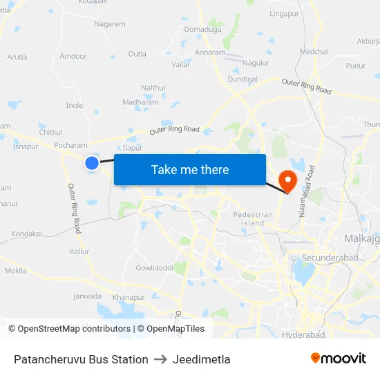 Patancheruvu Bus Station to Jeedimetla map