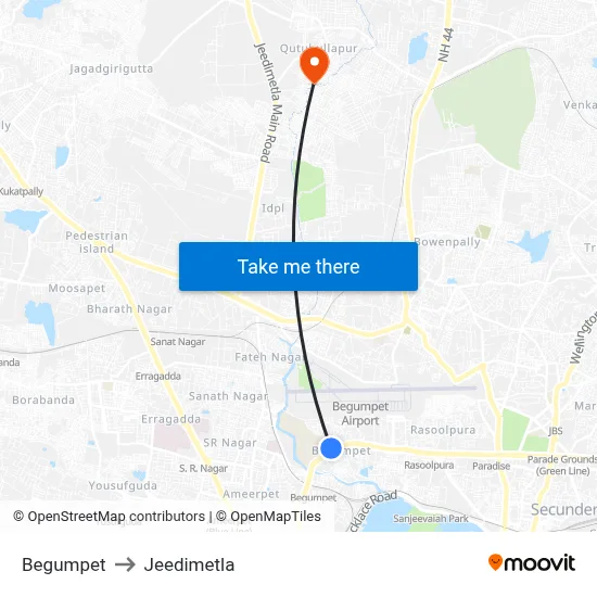 Begumpet to Jeedimetla map