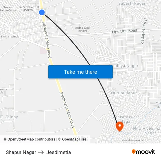 Shapur Nagar to Jeedimetla map