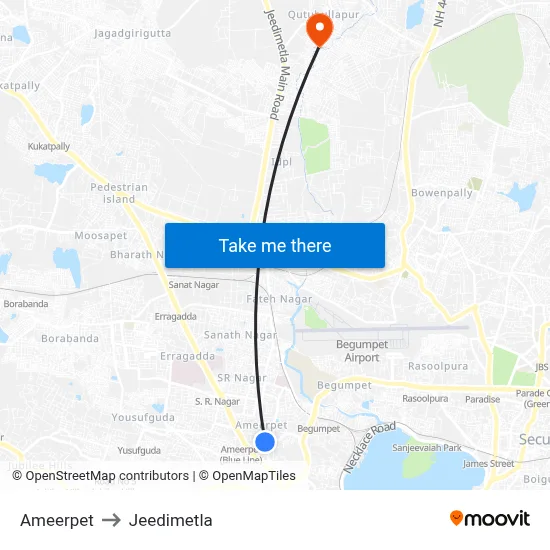 Ameerpet to Jeedimetla map