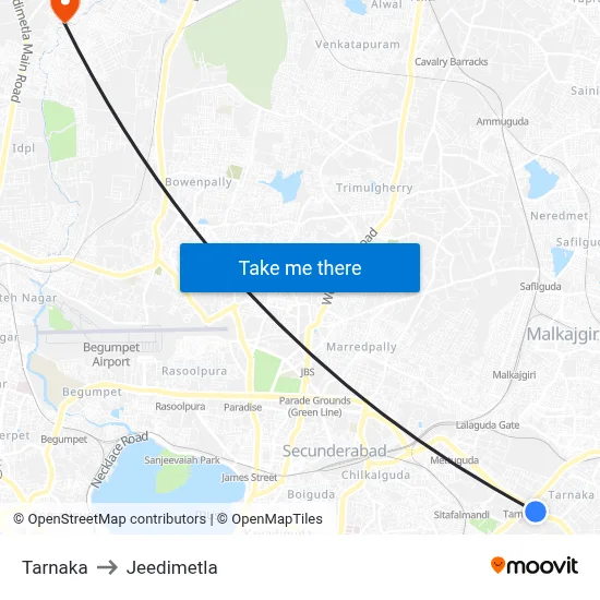 Tarnaka to Jeedimetla map