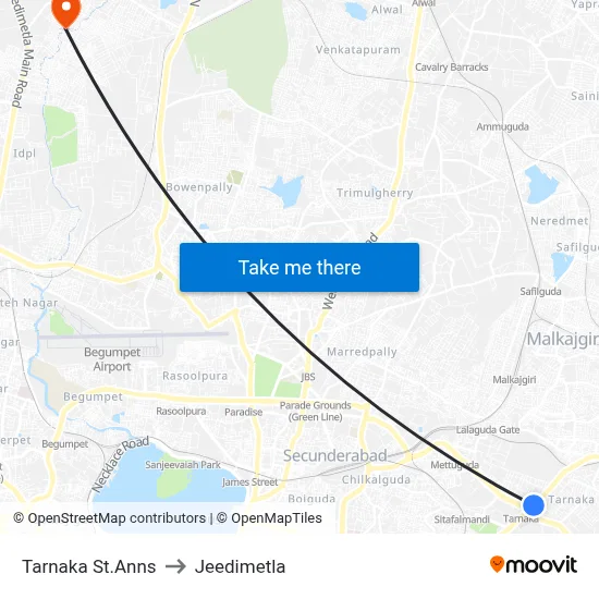 Tarnaka St.Anns to Jeedimetla map