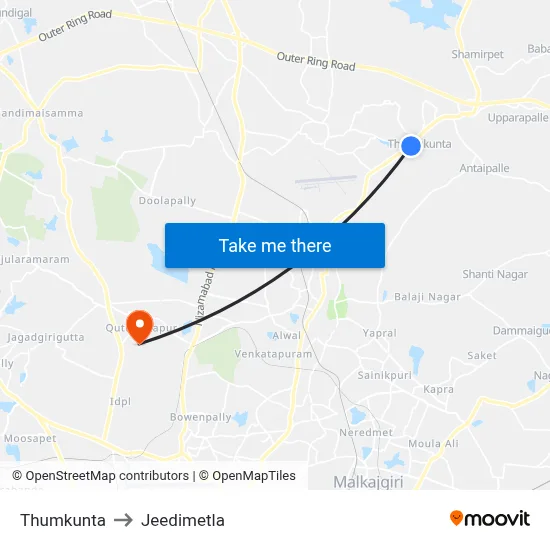 Thumkunta to Jeedimetla map