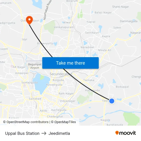 Uppal Bus Station to Jeedimetla map