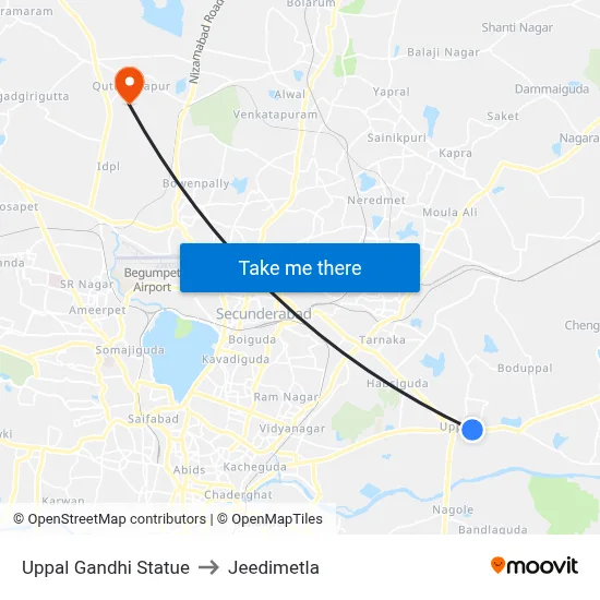 Uppal Gandhi Statue to Jeedimetla map