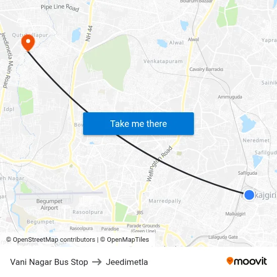Vani Nagar Bus Stop to Jeedimetla map