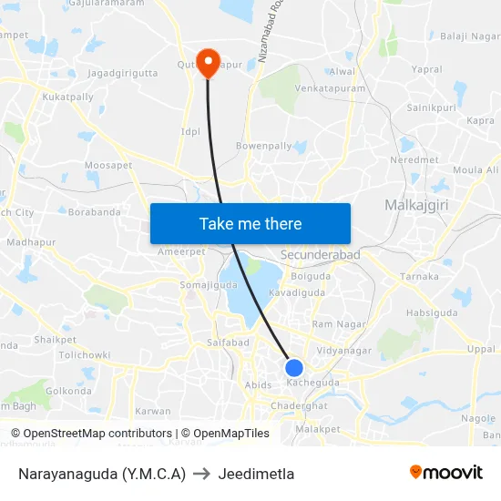 Narayanaguda (Y.M.C.A) to Jeedimetla map