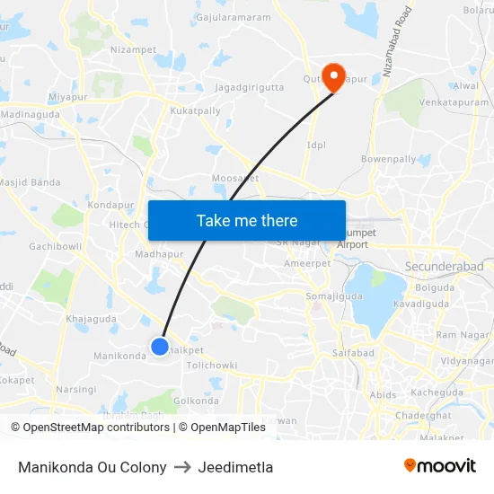 Manikonda Ou Colony to Jeedimetla map