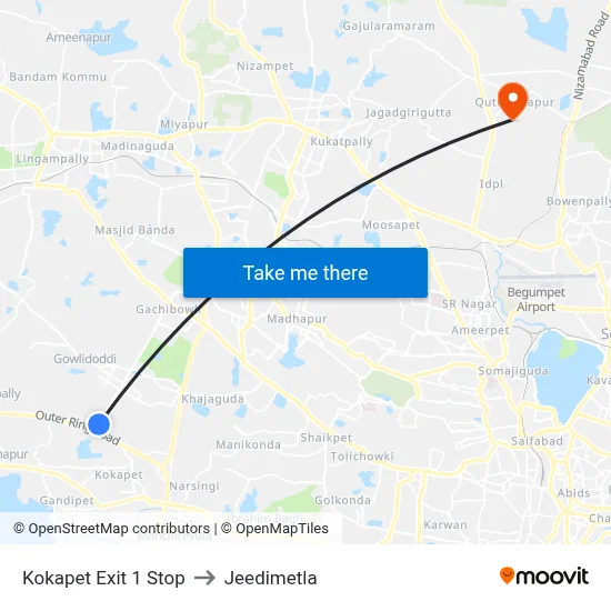 Kokapet Exit 1 Stop to Jeedimetla map