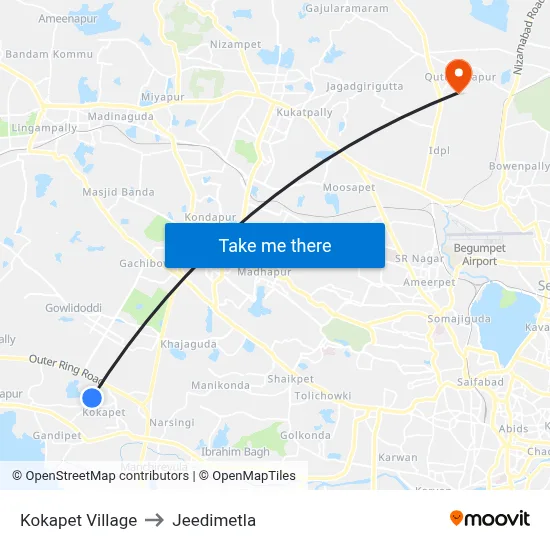 Kokapet Village to Jeedimetla map