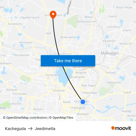 Kacheguda to Jeedimetla map