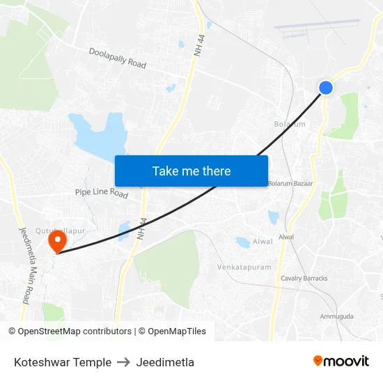 Koteshwar Temple to Jeedimetla map