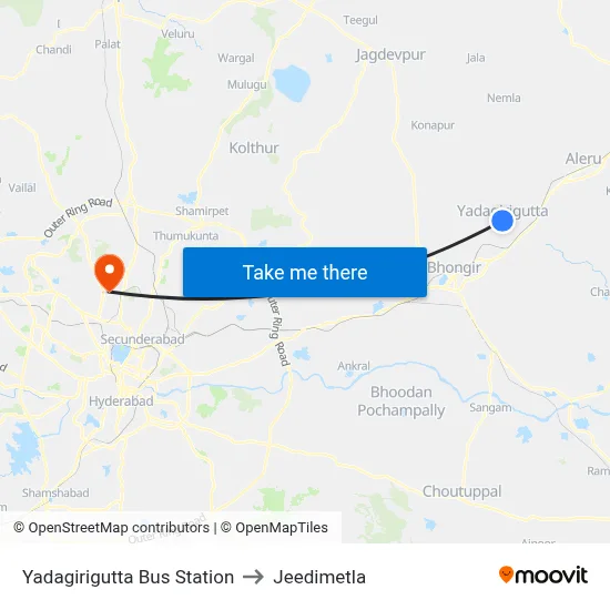Yadagirigutta Bus Station to Jeedimetla map