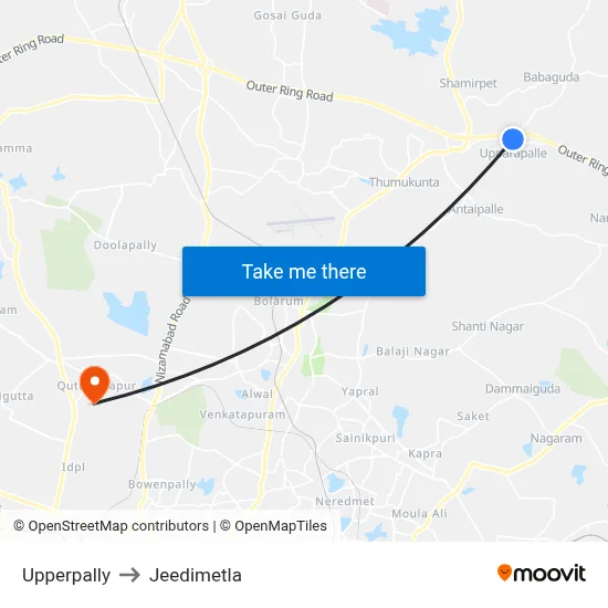Upperpally to Jeedimetla map