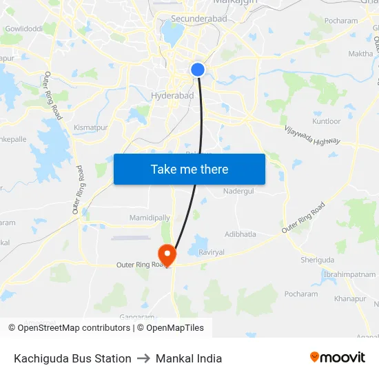 Kachiguda Bus Station to Mankal India map