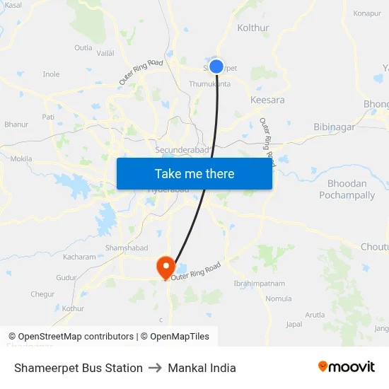 Shameerpet Bus Station to Mankal India map