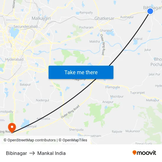 Bibinagar to Mankal India map
