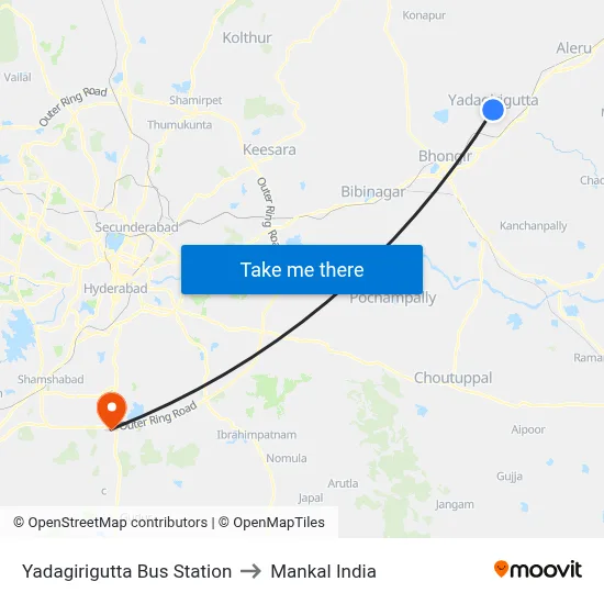 Yadagirigutta Bus Station to Mankal India map