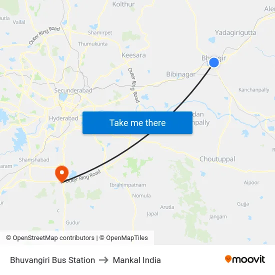 Bhuvangiri Bus Station to Mankal India map